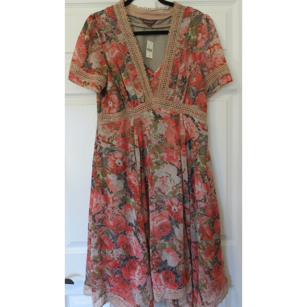 Anthropologie Ranna Gill Floral Dress Rose Bouquet Sz 12 Crochet Trim Hankie Hem